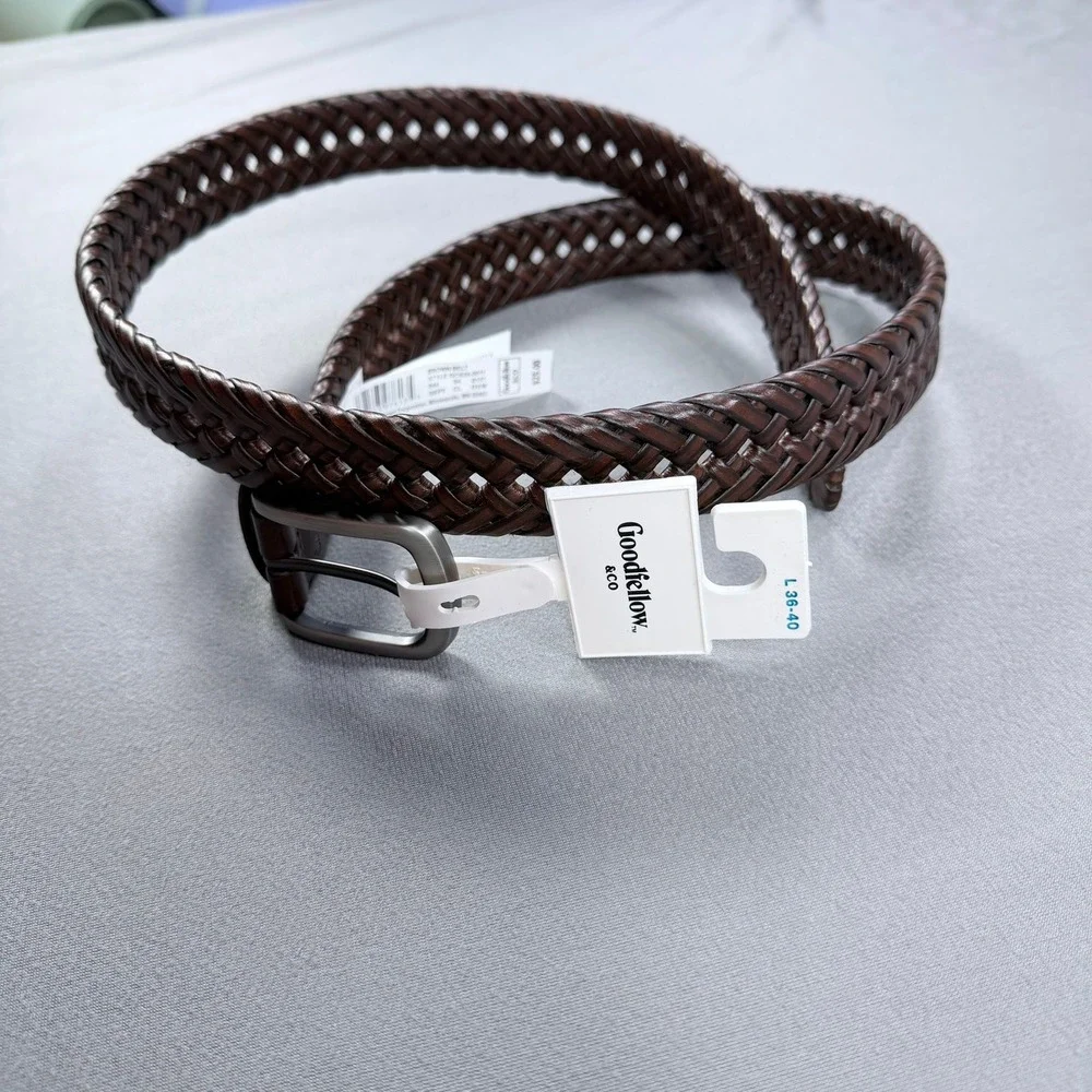 Goodfellow Mens L Brown Faux Leather Braided Woven Belt Silver Buckle 36-40‎ NEW